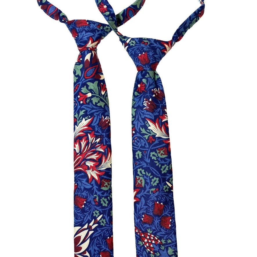 ALBERT Floral Boys Velcro Tie featuring Snakeshead, Winter Berry pattern in red, cream, green, and blue on a navy background.